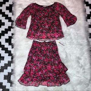 Amy Byer Girls 6X Vintage Red Floral Ruffle Shimmery Top Skirt Set